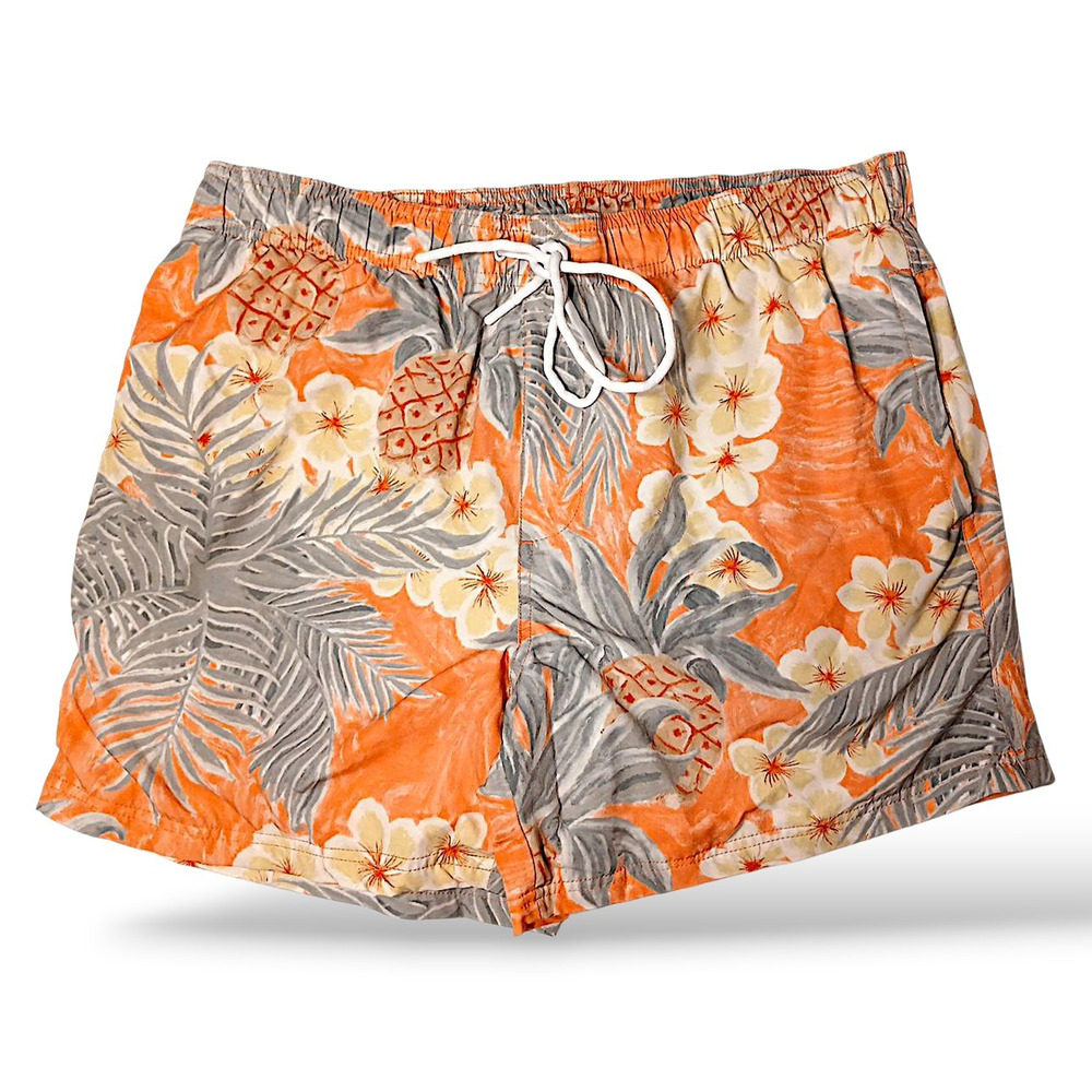 Vintage Tropical Island Swim Shorts Mens Sz 32W Tangerine Orange Floral‎ Beach